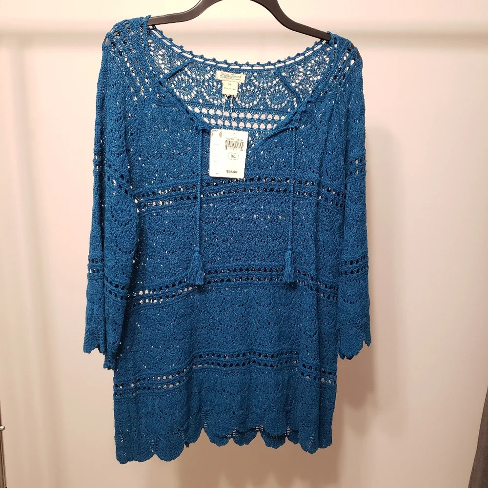 Lucky Brand Teal Blue Crochet Lace Bohemian Boho Peasant Top Women XL Whimsygoth